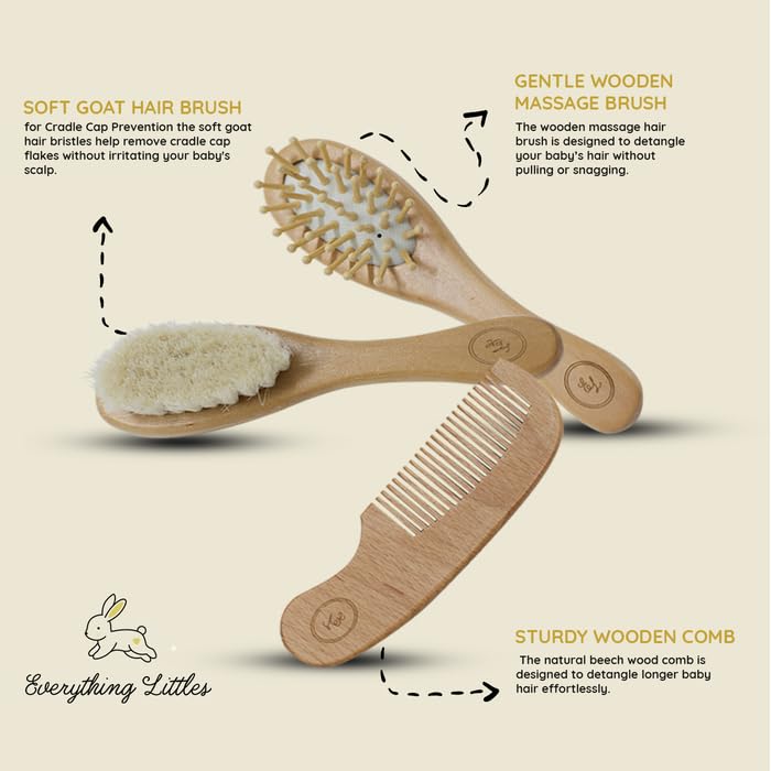 Wooden Baby Brush Set - 3 Pack | Massage Brush, Soft Goat Hair Cradle Cap Brush & Sturdy Wooden Comb for Tangle-Free Baby Hair Grooming | Pull-Free, Gentle on Baby’s Scalp