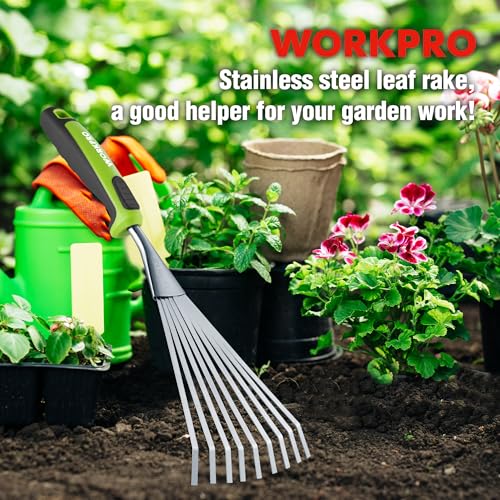WORKPRO 16" Hand Rake, Garden Rake with Soft Handle | Heavy Duty Stainless Steel Small Garden Hand Tool for Gardening, Cultivating, Loosening Soil & Spreading Mulch, Flower Beds