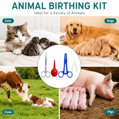 Animal Birth Kit with 15 Umbilical Cord Clamps, Curved Stainless Steel Scissors, Disposable Hemostat & Bulb Syringe, Newborn Delivery Supplies for Puppies, Piglets, Lambs, Calves & Farm Animals
