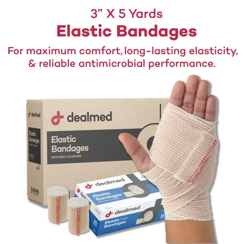 Dealmed 3" Elastic Bandage Wrap with Self-Closure - 10 Count (5 Pack) | Cotton Polyester Blend, Individually Packed, Breathable 5 yd Stretch Fabric, For Sprains Strains Edema, 50 Total Rolls - size: Pack of 50
