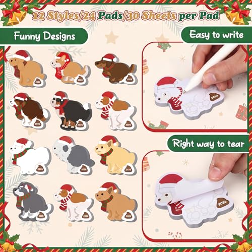 Yinder 24 Pads Dog Poop Sticky Notes Funny Christmas Party Gift | 12 Cute Puppy Designs with Memo Notes, Party Favors for Dog Lovers, Self Adhesive Tabs Office School Veterinary - style: Dog Poop