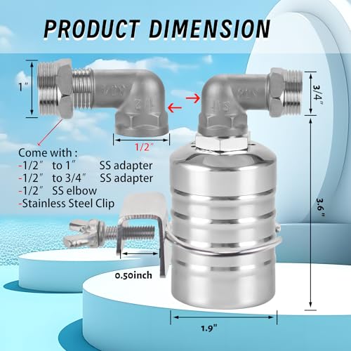 Float Valve, 1/2" to 3/4" 1" 304 Stainless Steel Fully Automatic Water Level Controller, Automatic Water Level Control Float Valve for Water Tank, Livestock Troughs, Pool, Distiller