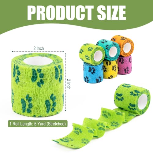 Vet Wrap Cohesive Bandages, Self-Adhesive Bandage Wrap, Breathable Non-Woven Self Adherent Tape for Pet Dog Leg Paw Wound, Horse, Cat, First Aid & Ankle Sprain, 2 Inch (6 Rolls) - color: Paw Prints