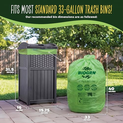 30-33 Gallon Compostable Trash Bags Flat-Top 30 Bags Heavy Duty1.57 Mil, 124.92 Liter Large Lawn and Yard Waste Bag green for Outdoor Garden ASTM D6400, US BPI and OK Compost Home Certified - color: 33 Gallon Flat Top, 30 Count