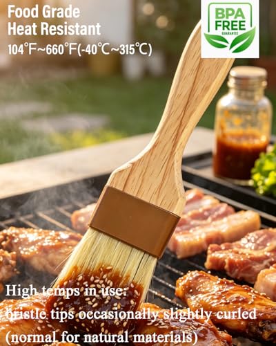 Pastry Basting Brush - Food Brushes, Non-Shedding Natural Boar Bristle, Heat Resistant Wooden Handle, Durable Kitchen Tool for Baking, Cooking, Butter, Egg Wash, Glazing, Oil, Sauce (1" & 1", 2 pc)