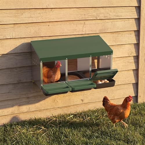 3-Compartment Chicken Nesting Box, Heavy Duty Galvanized Steel Poultry Nest Box, Wall Mount/Freestanding Design for Hens, Ducks, Backyard Homesteads & Farm Use, Green, with Soft Mats, No Stand - color: Green, size: 3 Room&Mat Board
