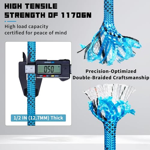 1/2 Inch 100ft Double Braided Polyester Arborist Rope, Heavy Duty Nylon Rope for Anchor, Tree Work, Cargo, Pulling, Sailing (Blue) - size: 1/2in x 100ft, style: Blue