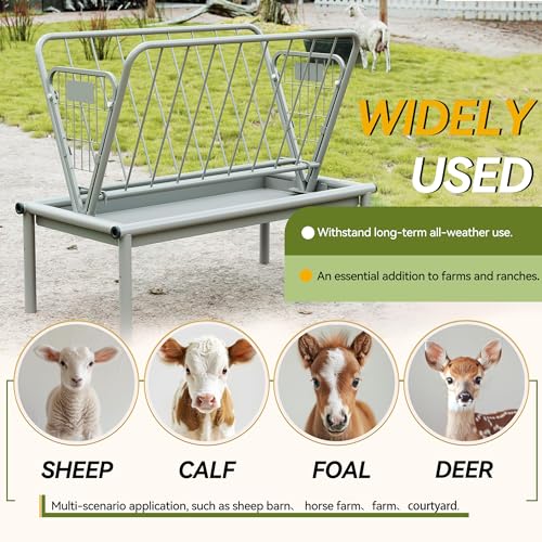 Kojem 4 Ft Long Livestock Feeder, Heavy Duty Steel Livestock 2 in 1 Grain & | Hay Feeder, Outdoor Pasture Feeder with Feeding Pan for Goats, Sheep,Ponies, Cow, Horse for Farms, All Weather Feeder