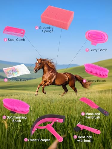 Horse Grooming Kit, Pink Storage Bag with 10 Piece Professional Equestrian Care Tools, Brushes, Combs, Scraper and Gloves (Pink)