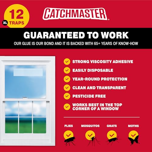 Catchmaster Window Fly Traps 12-Pack XL, Fruit Fly Traps for Indoors, Disposable Bulk Bug Catcher, Waterproof Insect Glue Trap, Adhesive Fly Strips, Pest Control for Home, Kitchen, & Garage - size: 12 XL Clear Traps