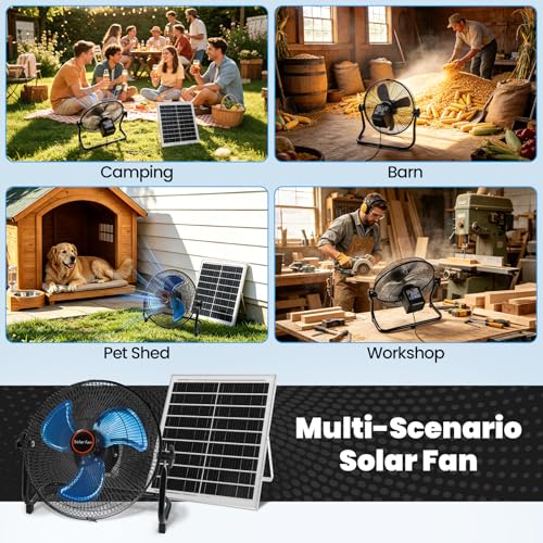 GOESWELL Solar Powered Fan 12 Inch Metal Blades Timer USB for Outdoors | Portable Solar Powered Fan Battery 12 Speeds Timer 360 Tilt USB Output Charges Phone Metal Blades Quiet For Outdoor