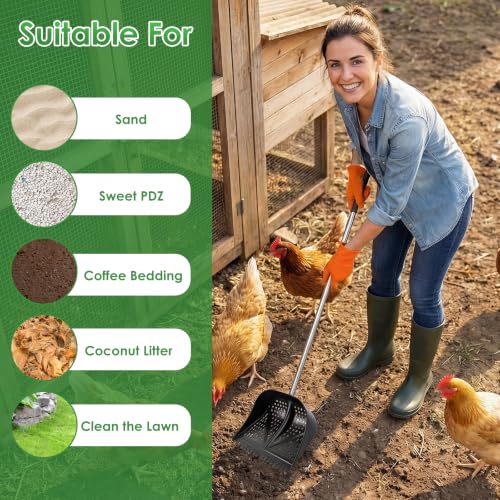 Thiswing Chicken Poop Scooper & Rake 2-in-1, Black | Adjustable Handle Length, Features Manure Sifting Capability, Ideal for Chicken Coops and Farm Animal Cleaning - color: Black