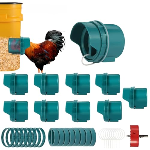 Chicken Feeder No Waste, 10 Ports Automatic Poultry Feeder with Covers & Hole Saw, Rain Proof Chicken Feeder Port for Buckets, Bins & Barrels - color: Green