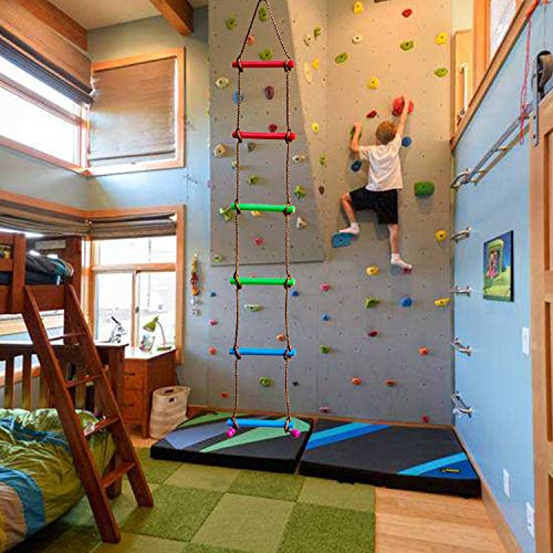 Rainbow Craft 6.6FT Ninja Rope Ladder, PP Material, Kids Obstacle Course | 220lbs Capacity, Ages 3-12, Portable with Hooks, Fits Swing Sets & Slacklines, Backyard Ninja Warrior Training