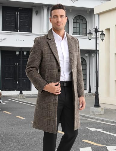 BOJIN Mens Trench Coat Wool Blend Top Pea Coat Winter Long Single Breasted Classic Stylish Business Overcoat - color: Bj03 Brown Plaid, size: XX-Large