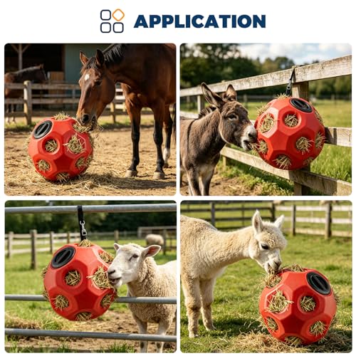2 Pack 15.75" Horse Treat Ball with Hanging Strap, Horse Feeders for Stalls, Slow Feed Hay Feeder Toy Hay Ball for Horses Goats Sheep Ponies, Red