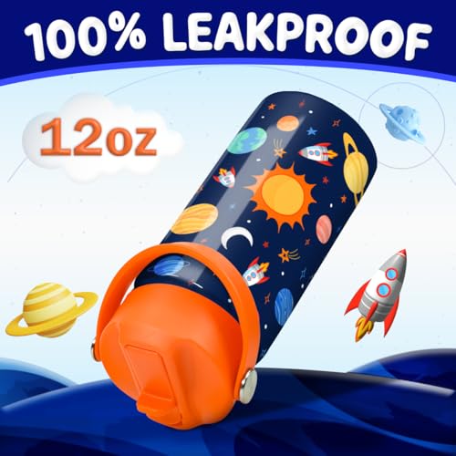 SANDJEST Space Water Bottle - Kids Water Bottle with Straw Lid - 12 Oz Insulated Stainless Steel Water Bottles for Kid Boys Girls - Travel Cup for School Sports - color: Outer Space