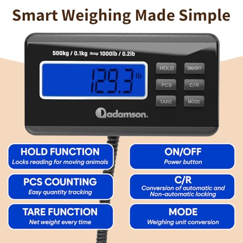 Adamson Livestock Scale 1100 lb / 500 kg – Heavy Duty Digital Dog Scales for Large Breed, for Sheep, Pigs, Goats – Tare, Hold & PCS – Battery or AC Powered (Batteries & Power Adapter Included)