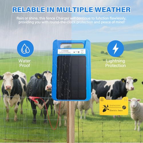 Solar Electric Fence Charger 8 kV Hight Power Energizer, 10000mAh Lithium Battery & 3W Solar Panel - Ideal for Livestock, Pet, Poultry, Gardens, Orchards Protection