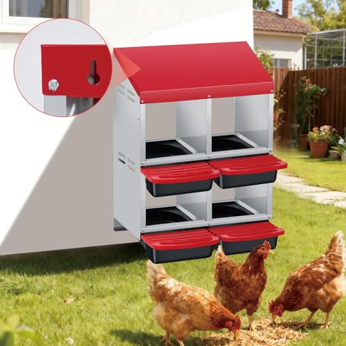 4-Compartment Chicken Nesting Box, Heavy Duty Galvanized Steel Poultry Nest Box, Wall Mount/Freestanding Design for Hens, Ducks, Backyard Homesteads & Farm Use, Red, with Legs, No Stand - color: Red, size: 4 Room&Legs