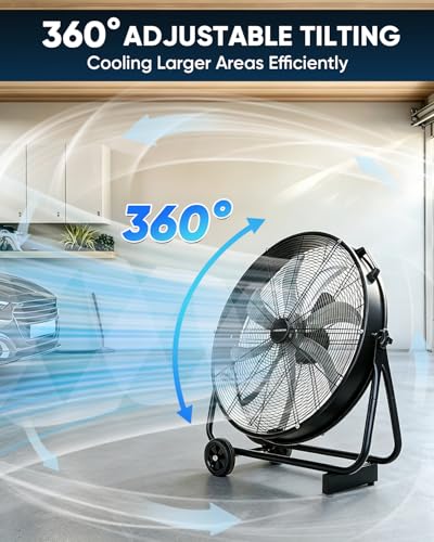 KEN BROWN 24 Inch Industrial Drum Fan, High Velocity Floor Shop Fan, Heavy Duty, 9500 CFM, 8 Blades, 3 Speeds, 360 Degree Tilt, Ideal for Industrial, Commercial, Gym, Garage Use, Black - size: 24 Inch