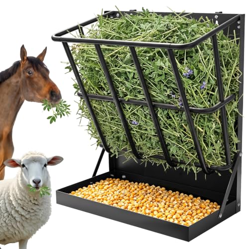 2 in 1 Wall Mount Hay and Grain Feeder, 25 Gallons Livestock Feeder | Galvanized Steel Wall Hay Rack, Hanging Hay Feeder with Mounting Kit for Goats Sheep Horse, Slow Feeder for Goats with Trough - color: Black