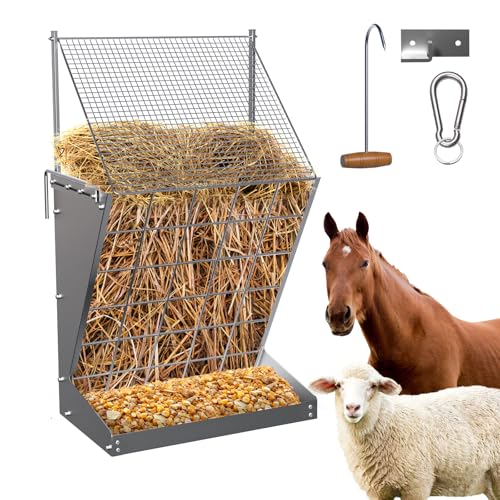 Wall Mount Hay Rack, 2 in-1 Goat Hay Feeder with Hook, 19 Gallons Heavy Duty Galvanized Wall Hay Rack, Livestock Feeder with Adjustable Distance, Easy to Install, Hay Feeder for Goats, Sheep, Horse - size: with top cover