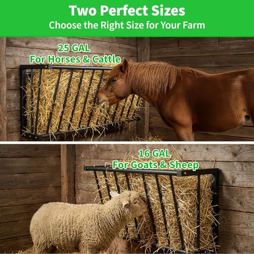 Wall Mount Hay Rack for Goats, Sheep, Horses – Heavy Duty 25 Gallon Livestock Hay Feeder, Hanging Blanket Holder with Rust Resistant Coating, Space Saving Farm Goat Feeder for Indoor, Outdoor Use - size: 25 Gallon