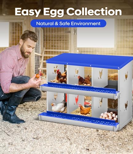 6 Compartment Chicken Nesting Box, Heavy Duty Metal Laying Box with Perch, Easy Assembly & Easy Clean for Outdoor Chicken Coop, Blue - color: Blue, size: 6 Compartment