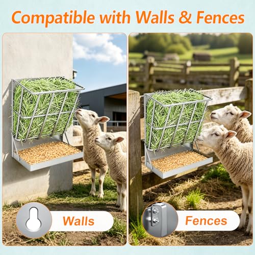 2 in 1 Wall Mount Hay and Grain Feeder, 25 Gallons Livestock Feeder | Galvanized Steel Wall Hay Rack, Hanging Hay Feeder with Mounting Kit for Goats Sheep Horse, Slow Feeder for Goats with Trough - color: Silver