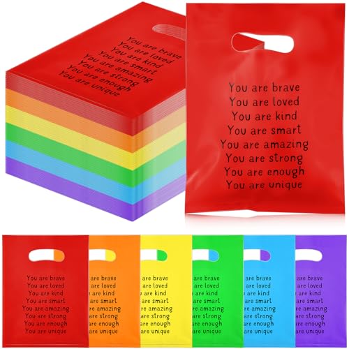 Coume 100 Pcs Back to School Gifts Bags for Students Rainbow Inspiration Quotes Plastic Goodie Snack Treat Bags with Handles Birthday Party Favors from Teachers, 6" x 8" - style: Classic Style