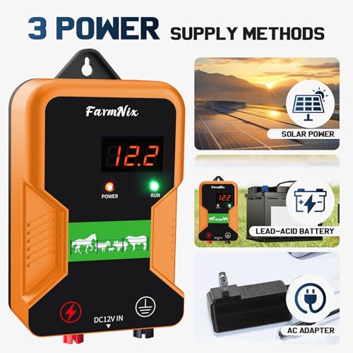 12 KV Electric Fence Charger with LED Display, 2 Joule, 10 Miles | Waterproof, AC DC, High Power, Portable for Livestock & Predator Protection, Gardens, Orchards, Dogs, Pets, Poultry