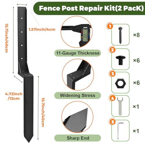 Fence Post Repair Kit, Thickened Heavy Duty Fence Post Anchor Stakes for Repair Tilted, Broken Wood Posts Support (Black, 2 Pack) - color: Black-2 Pack