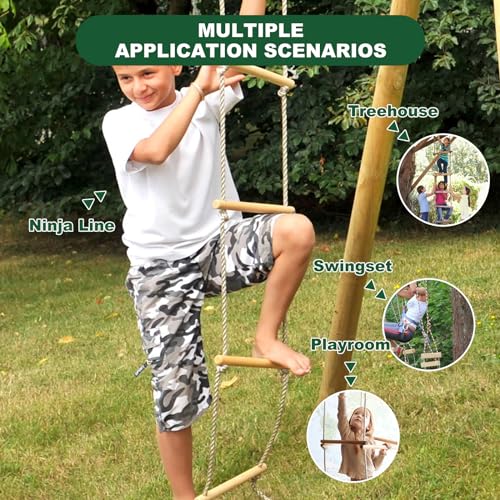 1 Pcs 6.5 Ft Climbing Rope Ladder for Kids, Wooden Rope Hanging Ladder, Rope Ladder for Treehouse Outdoor and Indoor Swing Set Accessories