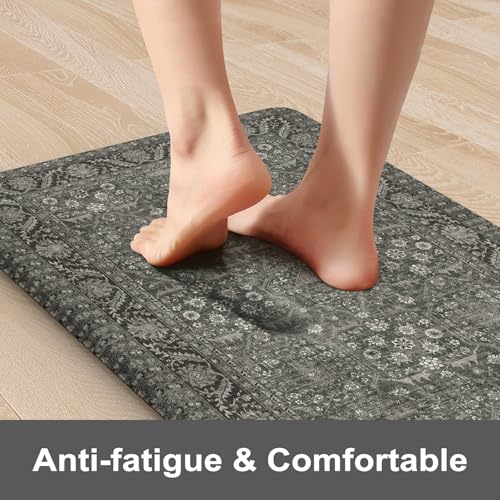 KIMODE Anti Fatigue Kitchen Mat 2PC,Waterproof Farmhouse Green Kitchen Rugs | Vintage Kitchen Mat for Floor Non-Slip,Cushioned Comfort Foam Standing Mat for Laundry,Office,Sink,Desk,Dormitory - color: Green/Grey, size: 17.3" x 59"+17.3" x 29"--0.47 inches