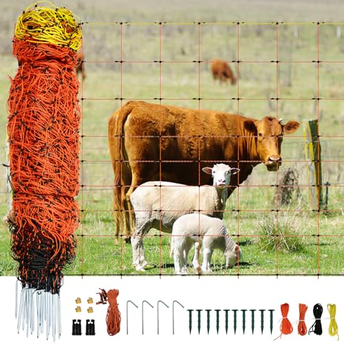 Electric Netting 35.4"H x 164'L | with Posts and Double-Spiked Stakes, Portable Electric Fence Netting for Backyards, Homesteads, Gardens, Farms, and Ranches - size: 35.4"H x 164'L