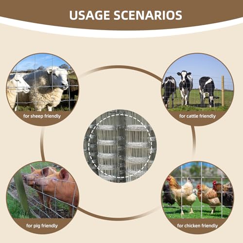 Farm Fence, 5ft x 164ft Heavy Zinc Coating Cattle Fencing Deer Fence, Hog Goat Fencing for Yard Garden and Field Mountain Forest - style: Metallic 5FT x 164FT