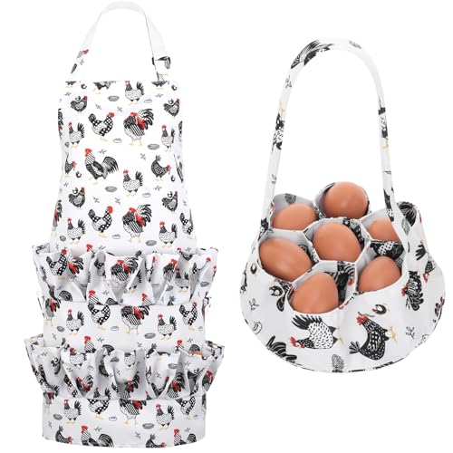 Egg Collecting Apron and Basket, Egg Gathering Apron for Fresh Egg | 14 Pouches Chicken Egg Apron with 7 Pouches Basket, for Chicken, Duck, Goose, Bird, Various Poultry Collection