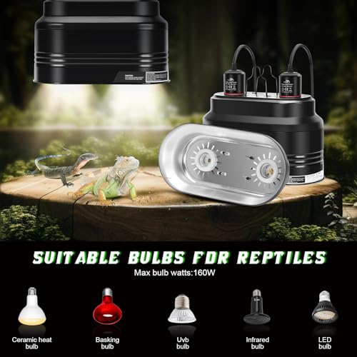 MECESOR Reptile Dual Light Fixture with Dimming Switch and Timer, Deep Dome Reptile Heat Lamp Fixture Double UVB Light Fixture, Double Dome Lamp Fixture for Basking Heat Bulb for Terrariums - size: Timing & Thermostat Dual Lamp Fixture