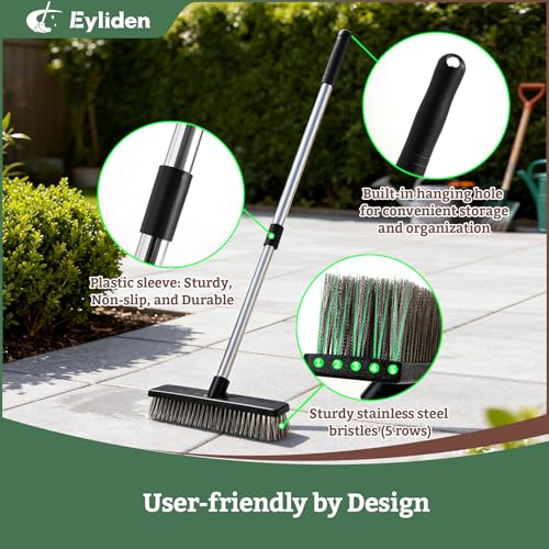 Eyliden Push Broom, 11.5-inch, Heavy Duty Moss Wire Scrub Brush | Stainless Steel Bristles, 65" Long Handle, for Deck, Floor, Concrete, Roof, Patio, Pool, Outdoor Cleaning