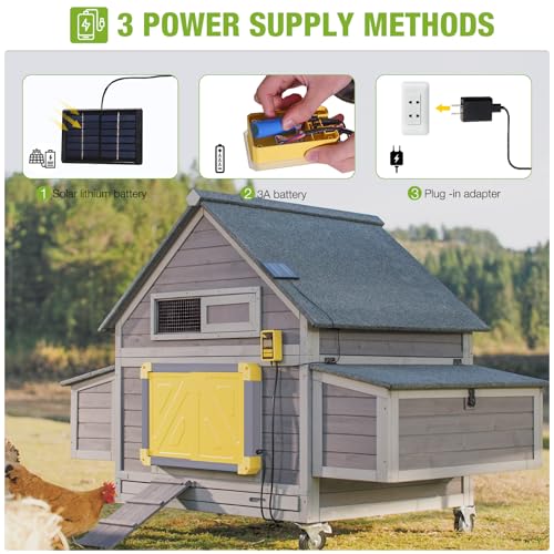 GUTINNEEN Automatic Chicken Coop Door Solar Powered Auto Chicken Door Opener for Chicken House Duck Run (Grey) - color: Grey & Yellow Door