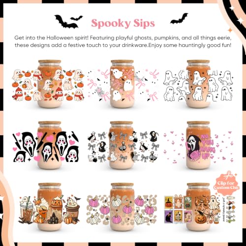 9 Sheets UV DTF Cup Wraps Halloween Transfer Stickers for 16oz Glasses | Waterproof rub on transfers, Vibrant blank glass tumbler decals with excellent 3D gloss finish, fit 16oz libbey glasses - style: Halloween