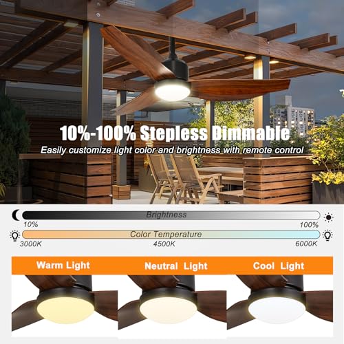 Depuley Outdoor Ceiling Fan with Light: 52 Inch Gazebo Fan Outdoor Hanging - Plug in Fan for Patio Waterproof - Dimmable Fans with Lights Remote App Control - Walnut - color: Walnut 01, size: 52 Inch