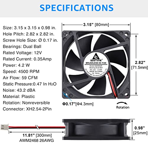 GDSTIME 2Pcs 80mm x 25mm Dual Ball Bearings High Speed 12V Cooling Fan 2Pin | 4500RPM, DC Brushless, Powerful Airflow, PC Case Fans, for Computer PSU, Amps, Wine Cooler, RV Fridge, Incubator, Electronics - size: 80x25mm