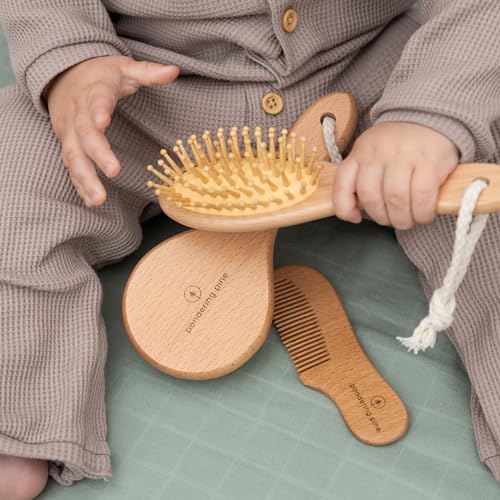 Natural Baby Hair Brush Set with Boho Bag - Goat Hair Cradle Cap Brush, Toddler Brush and Comb - Scalp Grooming Baby Hairbrush for Newborn and Infant, Wooden Brushes for Boys and Girls - color: Sage
