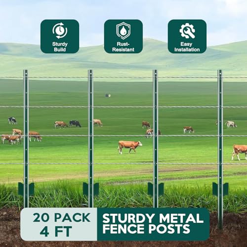 4 ft Fence Post, 20 Pack Heavy Duty Metal Fence Posts, Sturdy Steel T Post | No Dig Fence Stakes, U-Channel Garden stakes for Lawn, Farm, Yard, Orchard and Outdoor Electric Fence Wire, Corner Support - size: 4ft-20 pack