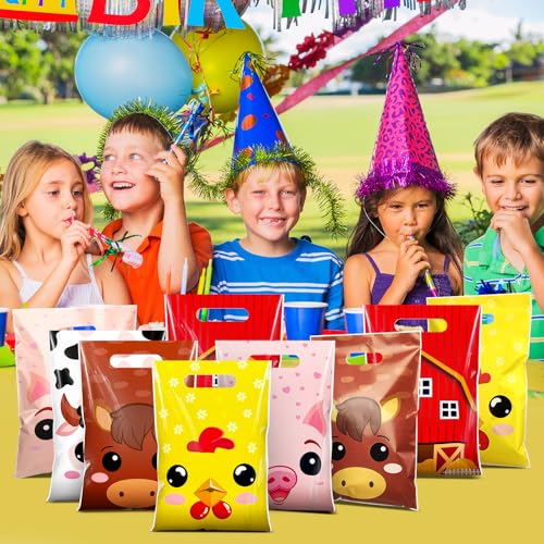 Resurhang 50 Pcs Farm Animal Favor Bags Bulk 6.5x9.8 Inch Plastic Farm Theme Goodie Treat Gift Bags Funny Candy Cookie Tote for Farmhouse Barnyard Birthday Decor Supplies Baby Shower Wrapping - style: Farm Animal