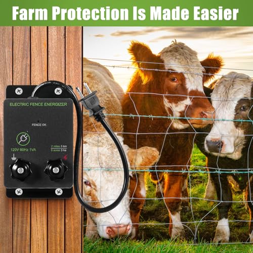 2-Mile 5000V 0.1Joule Electric Fence for Preventing Animals Intruding, 50 Black Fence Insulator and 1 Socket Tool, 250ft Aluminum Wire for Electric Fencing Grid System Accessories - size: 76M