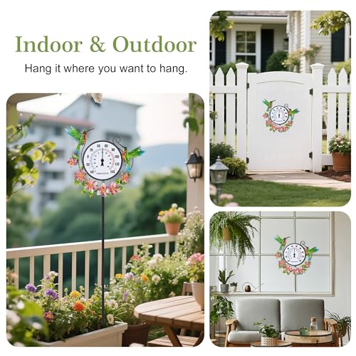 Outdoor Indoor Wall Thermometer with Hummingbird Metal Stake Outside Waterproof Decorative Temperature for Lawn Yard Pathway Patio No Batteries Required