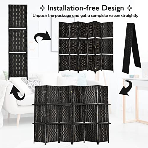 Giantex 6Ft 6 Panel Room Divider with Shelves, Freestanding Hand-Woven Rattan Folding Privacy Screens for Room Separation, Wooden Partition Room Divider Wall for Home Office Studio Separator - color: Black